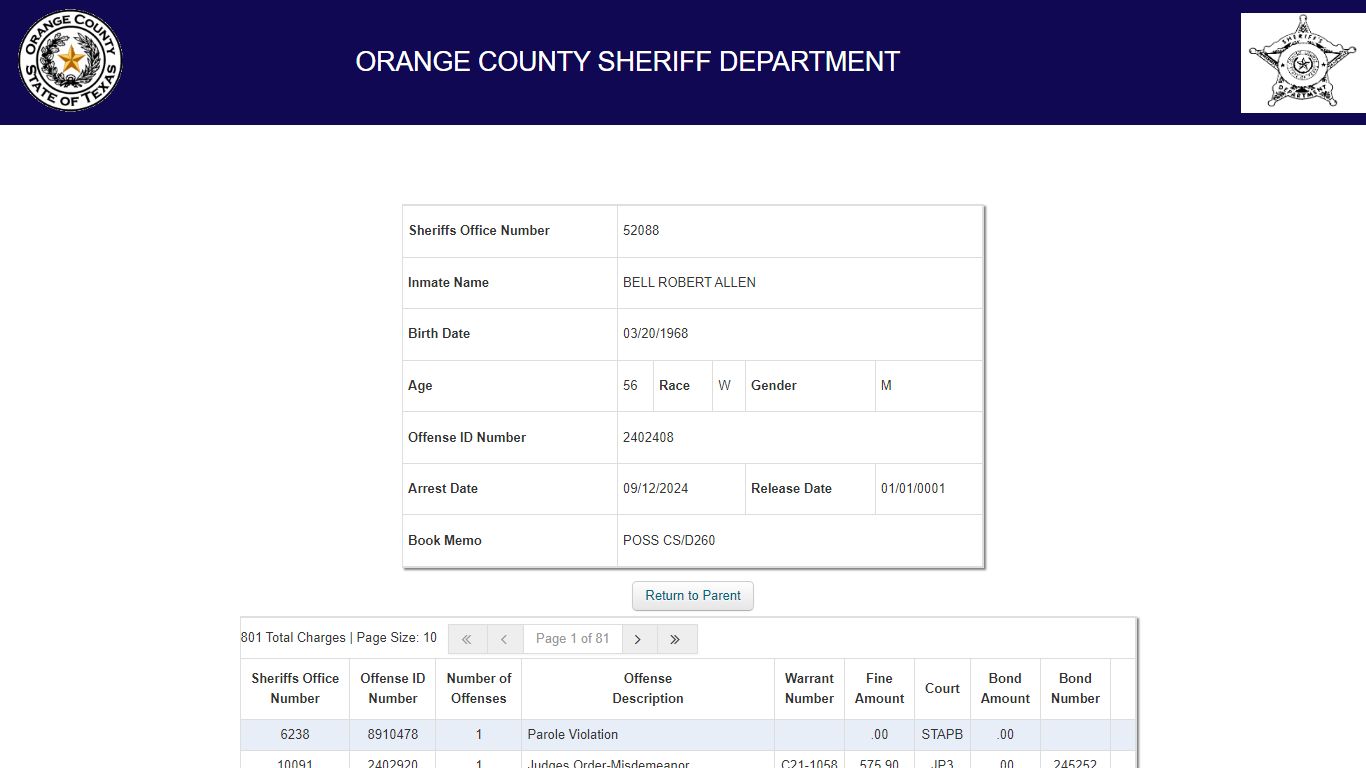 Inmate Information - Orange County, Texas