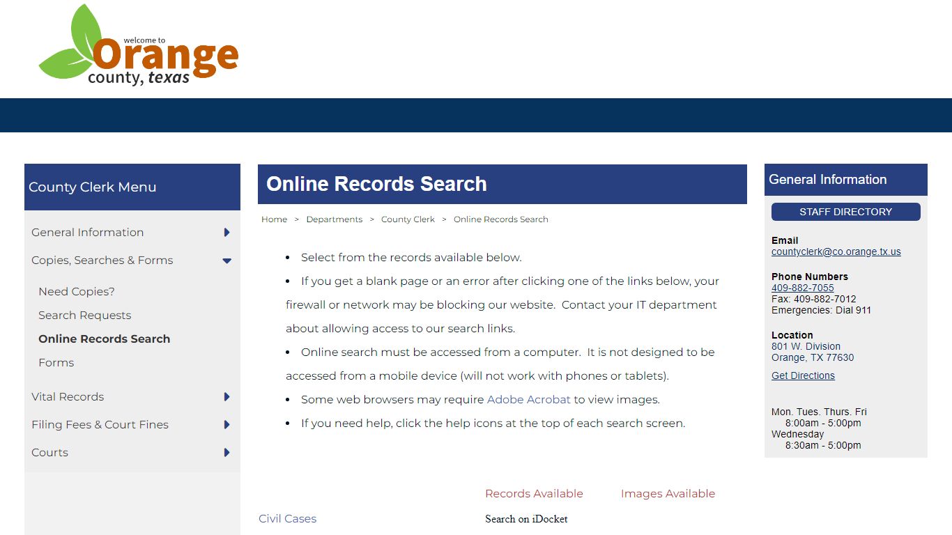 Online Records Search - Orange County, Texas